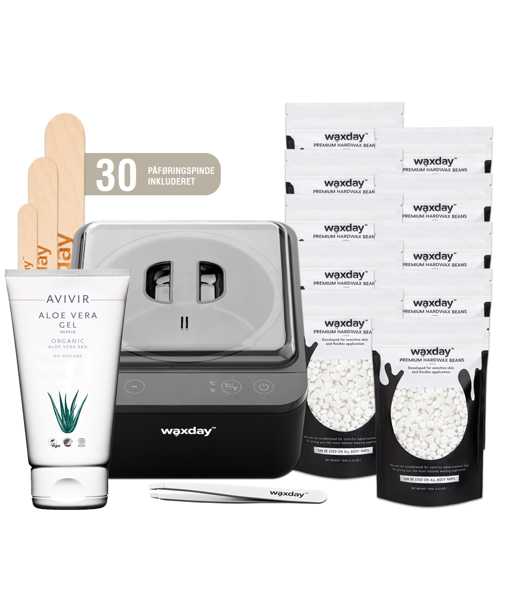 Waxday Startsæt Deluxe med voksmaskine, voksperler, påføringspinde, pincet og aloe vera gel
