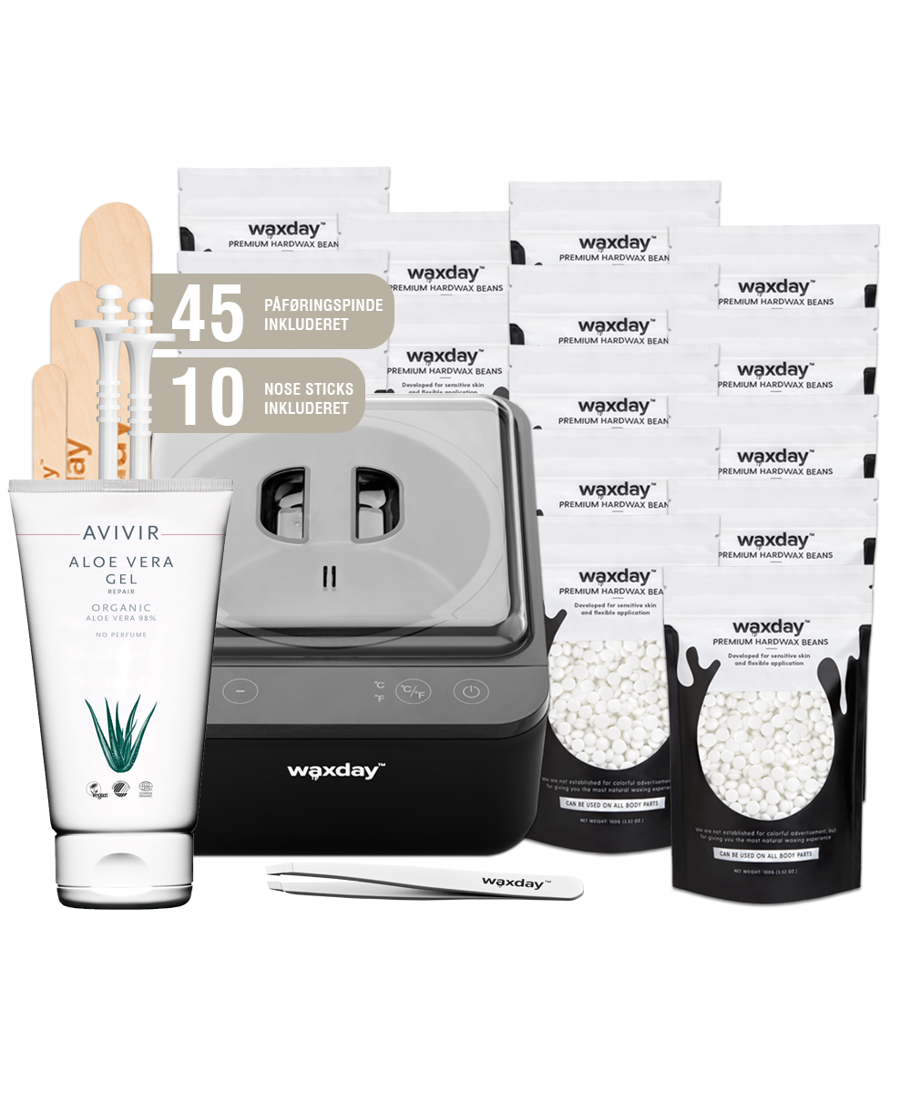 Waxday Startsæt Professional med voksmaskine, voksperler, påføringspinde, næsepinde, pincet og aloe vera gel