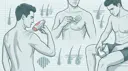 Illustration af mænd der fjerner kropshår med IPL-apparat på skulderen, skraber på brystet og trimmer i lyskeområdet, med hårsække vist i tværsnit