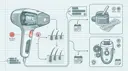 Illustration af et IPL-apparat til hjemmebrug med hudtonesensor, hårsækkens reaktion på lysimpulser, og voks og epilator som de mekaniske alternativer