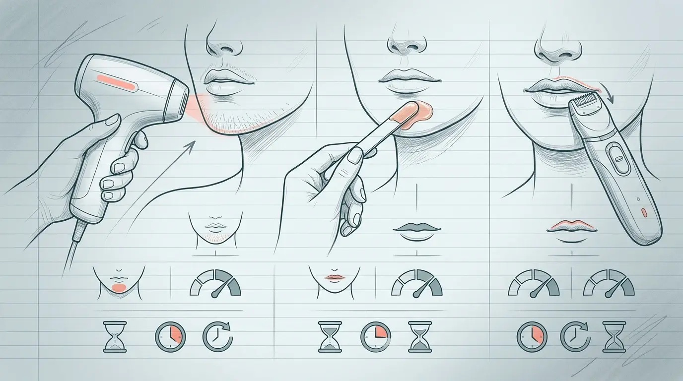 Illustration af tre metoder til hårfjerning i ansigtet: IPL-apparat mod kæbelinjen, hård voks på overlæben og en lille ansigtsbarberer