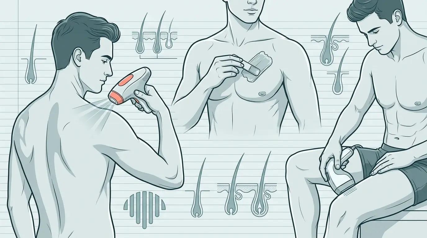 Illustration af mænd der fjerner kropshår med IPL-apparat på skulderen, skraber på brystet og trimmer i lyskeområdet, med hårsække vist i tværsnit
