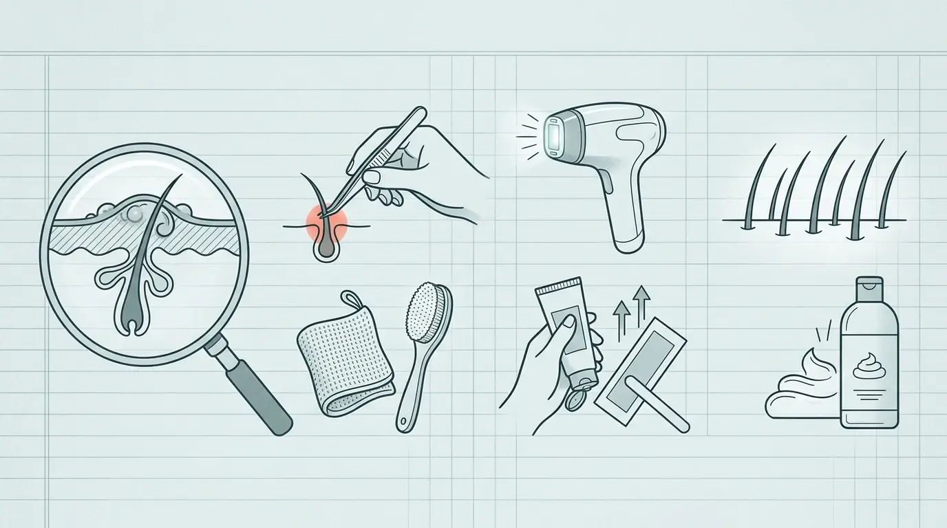 Illustration af et indgroet hår set i tværsnit under huden, sammen med pincet, eksfolieringshandske, IPL-apparat, skraber og beroligende aftercare