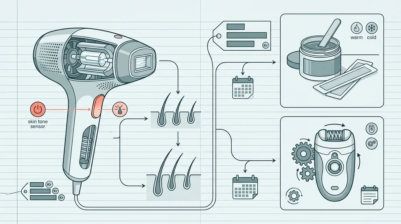 Illustration af et IPL-apparat til hjemmebrug med hudtonesensor, hårsækkens reaktion på lysimpulser, og voks og epilator som de mekaniske alternativer